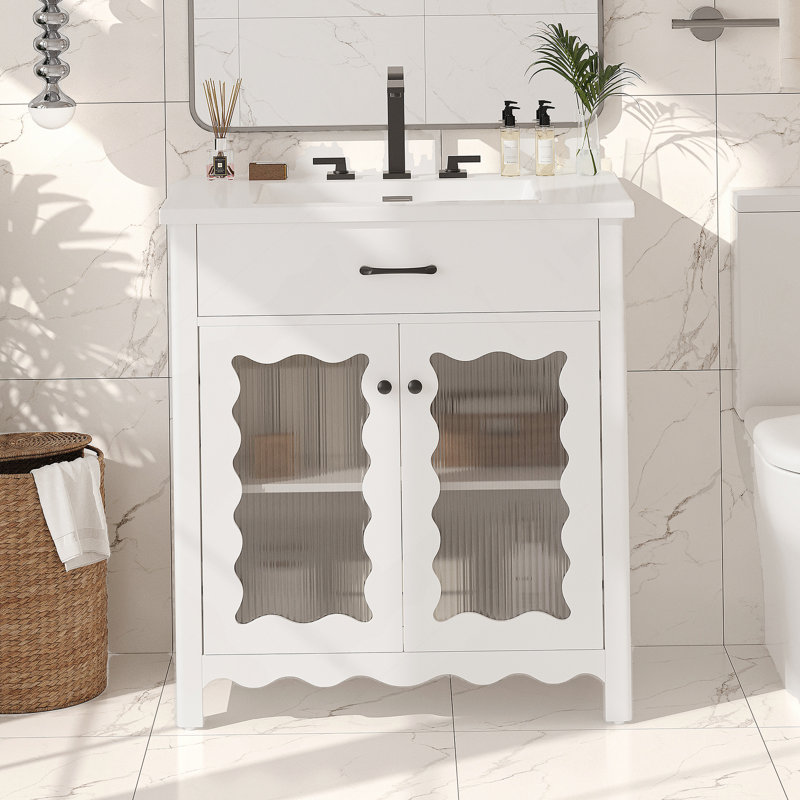 Meuble-lavabo 31 po avec verre trempé, blanc, Blanc