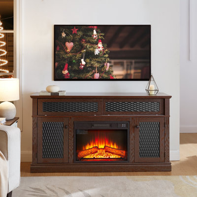 Meuble télé embossé avec foyer de 23 po, console télé et média avec espace de rangement ouvert et fermé et porte coulissante pour le salon et la chambre à coucher, l 58,27 po x l 15,35 po x 31,7 po