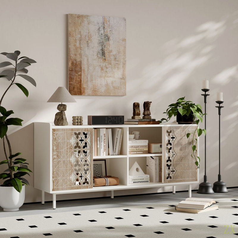 Armoire en bois massif de style Mid-Century avec porte coulissante rustique pour salon