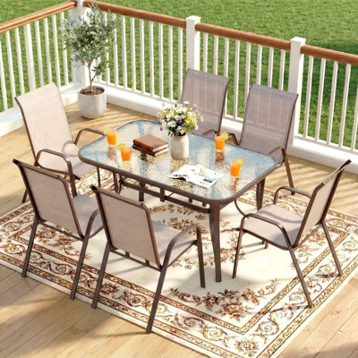 Patio Dining Set For 6, Outdoor Table And Chairs W/1.69?Umbrella Hole, All Weather Patio Furniture Set, 30"X 55" Table And Stackable PVC-coated polyester Chair, For Lawn, Deck (Umbrella Not Included)