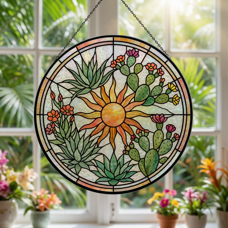 Panneau de vitrail Sun Cactus, H 12 po, H 12 po