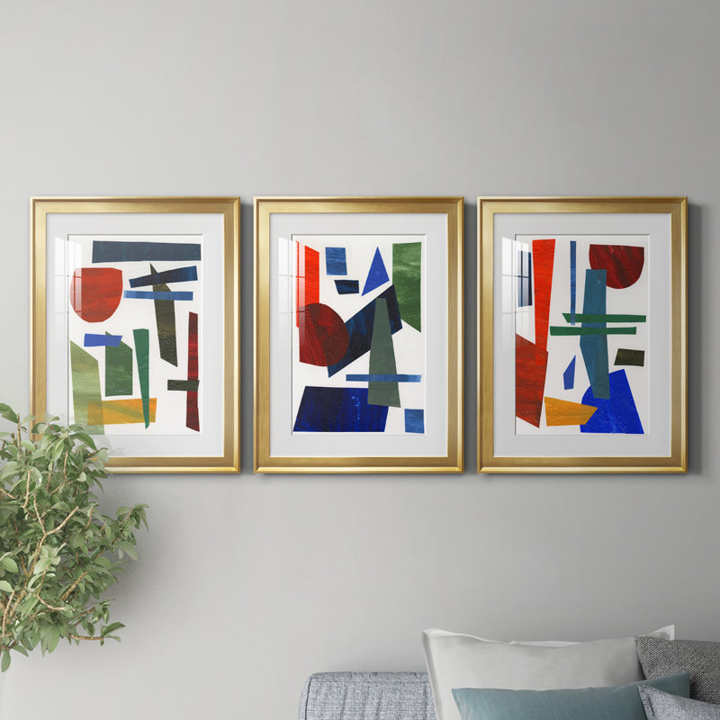 Colorful Shapes II - ensemble de 3 cadres photo, Cadre doré, H 24,5 po x l 55,5 po x P 1 po