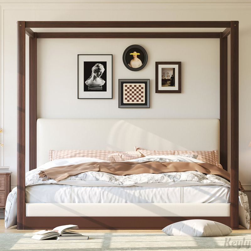 Lit plateforme à baldaquin en bois avec tête de lit tapissier, Très grand lit, Espresso