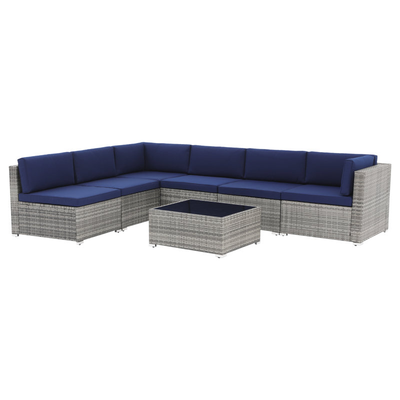 Sanjaya 6 - Person Patio Conversation Set with Cushions, Navy, No