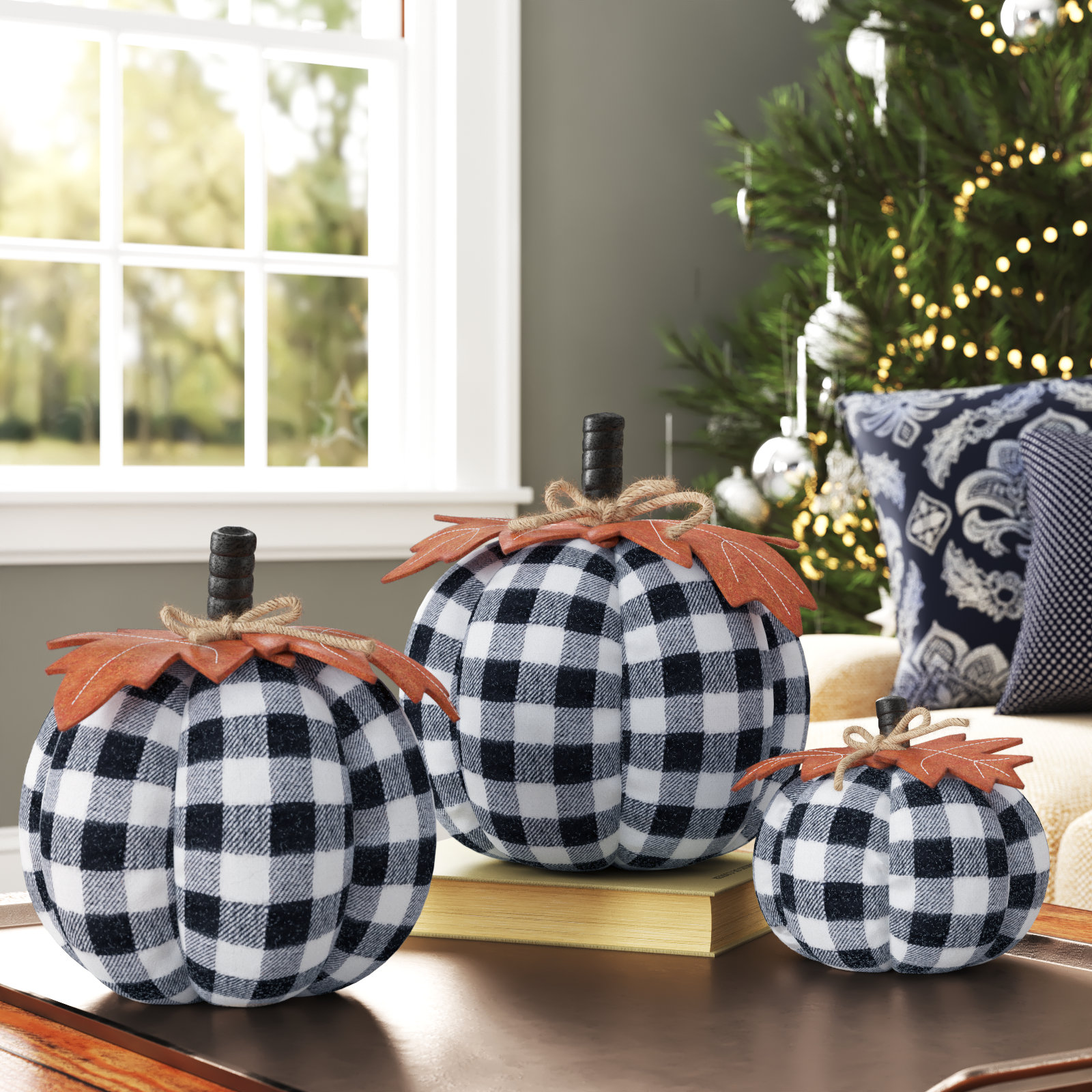 Three Posts Set Of 3 Assorted Sized Fabric Black And White Plaid Pumpkins Harvest Décor With Leaf Accent & Reviews | Wayfair