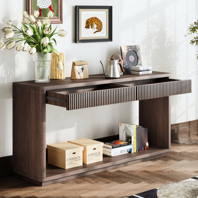 Table cannelée 60 po à 2 tiroirs en noyer 60 po, finition placage de bois naturel, pour salon, couloir, bureau personnel, design moderne avec rangement dissimulé et console contemporaine en noyer