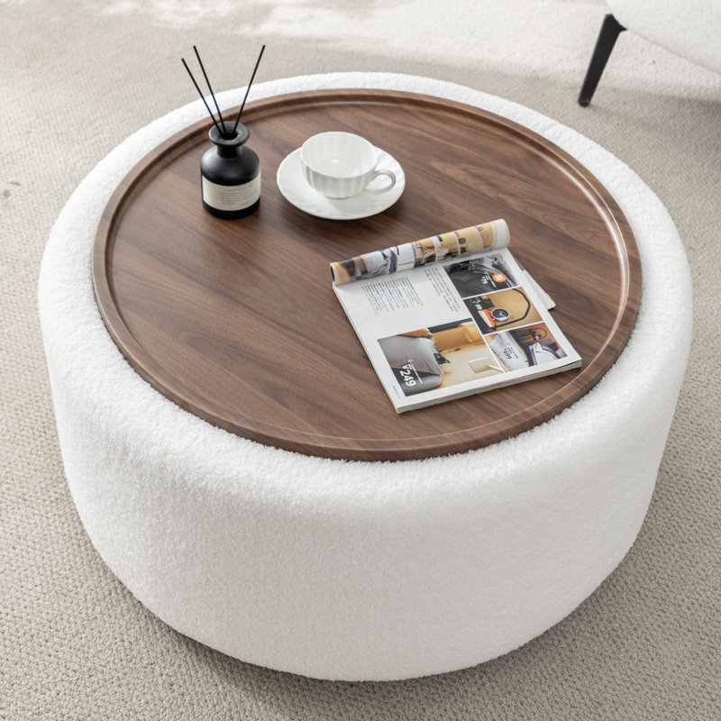 Bryonie Round Cocktail Ottoman with Storage, White Sherpa