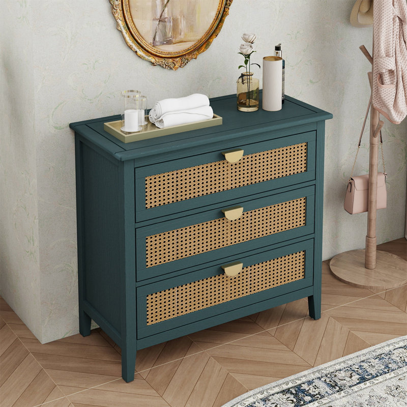 Armoire 3 tiroirs en rotin, mobilier américain, convient à la chambre à coucher, au salon et au bureau, Vert/brun