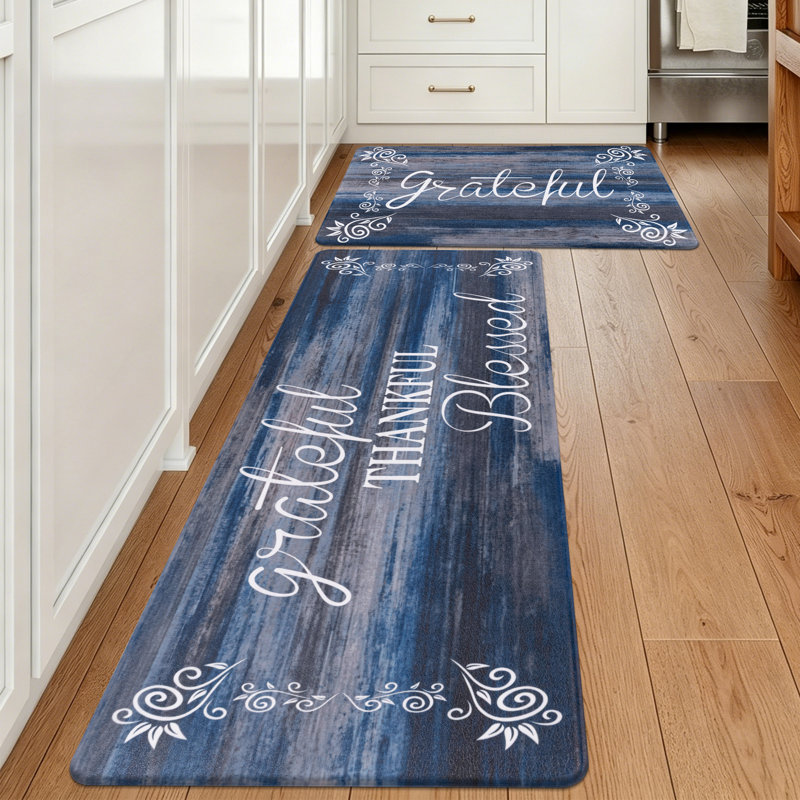 Anti-Fatigue Non-Skid Waterproof Kitchen Mat (Set of 2), Runner 18" x 30" + 18" x 48", Blue/Cream
