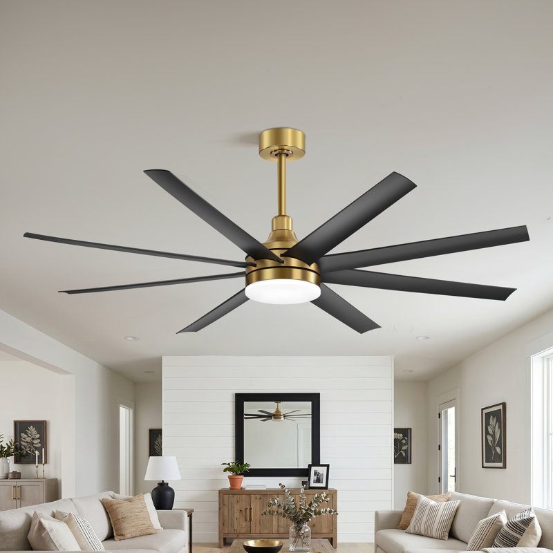 Ventilateur de plafond standard à 8 pales avec télécommande et ensemble d'éclairage Jamii-Leigh inclus, 65", Noir, Or