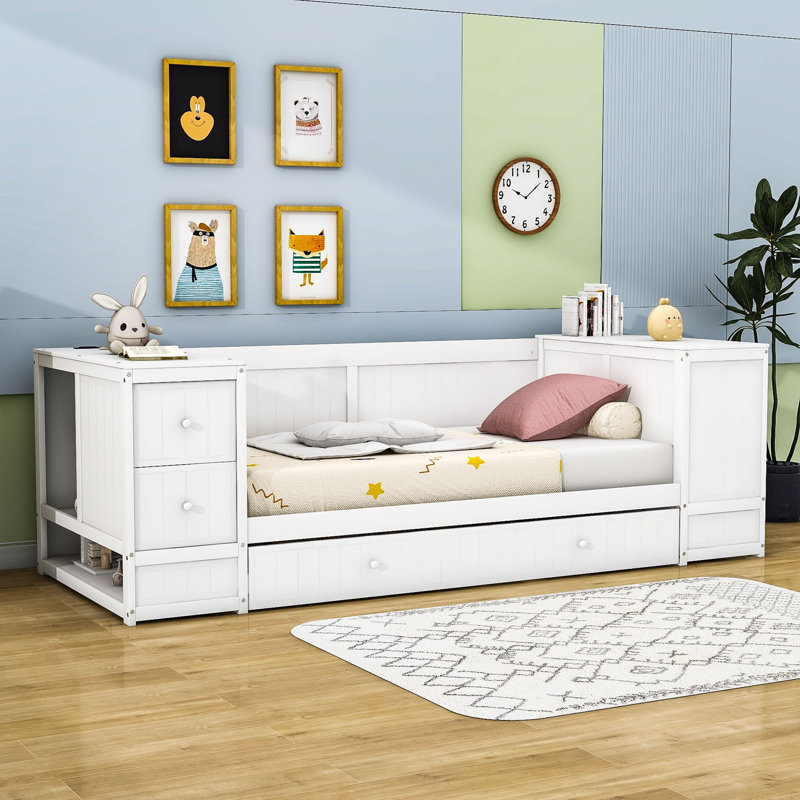 Dobb Twin Wood Daybed with Storage Arms and Trundle, White
