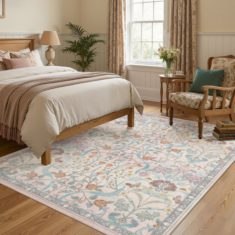 Farmhouse Floral  Area Rug Washable with Non-Slip for Playroom Living Room Bedroom -Pink, Rectangle 6' x 9', Pink
