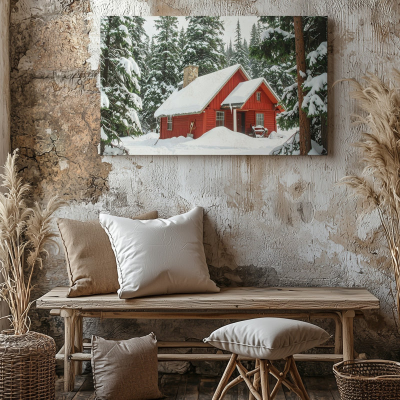 Red Cabin In Snowy Pines, H 20 po x l 30 po