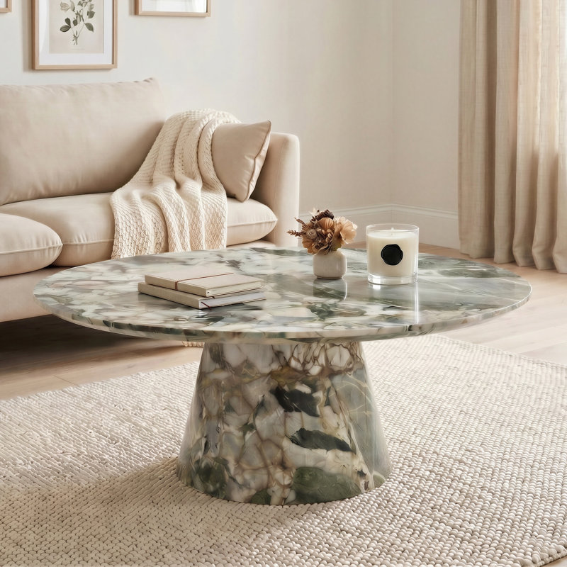 Eubanks Statement Pedestal Coffee Table - Luxury Living Room Centre Table, Green Marble Top / Green Base
