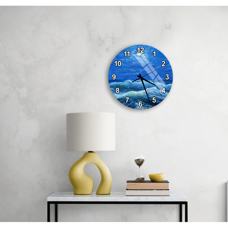 Horloge murale Striking Moonlit Ocean Waves, Dynamic Night Sea Art - décoration en verre trempé, idée de cadeau unique