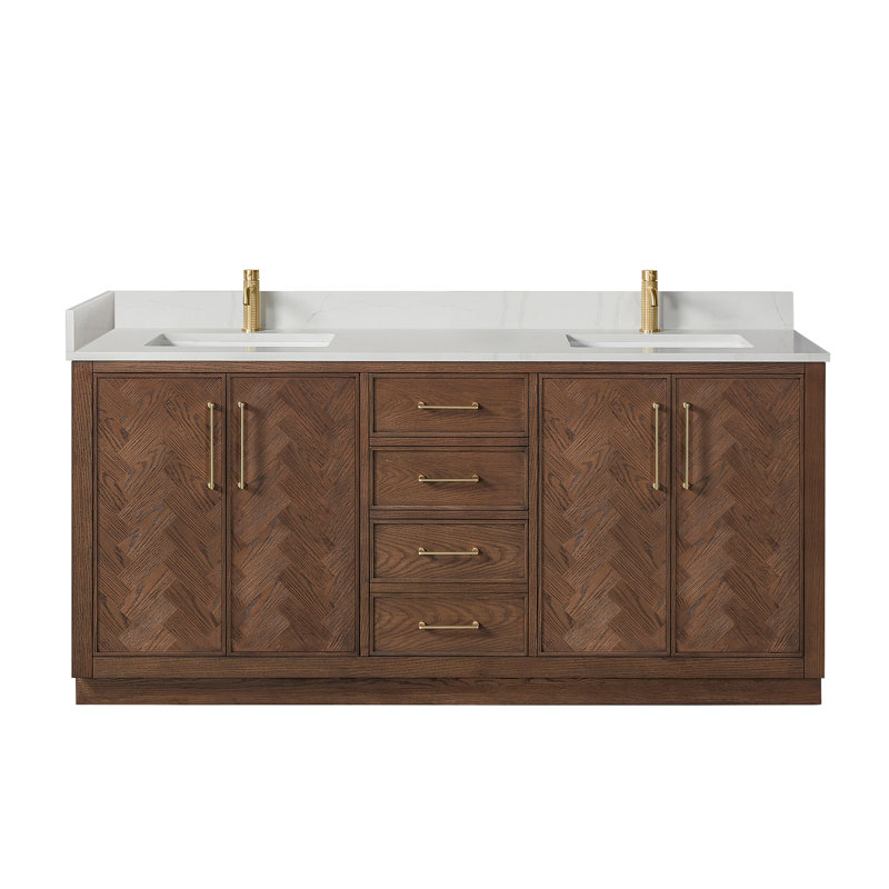 Meuble-lavabo double de 72 po avec plateau en pierre de quartz blanc Jakarta, Chêne brun foncé vieilli, Or brossé