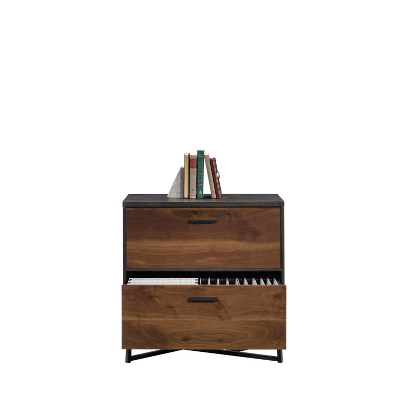 Classeur latéral moderne, lueur noyer foncé, deux tiroirs pleine extension, unité, documents de format lettre et légal, fini sur toutes les surfaces en douceur, base en métal thermolaqué, compact, petits espaces de rangement, facile