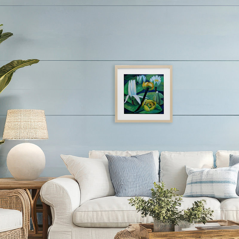 «Yellow & White Pond Lilies», reproduction sous verre encadrée, design par Violeta Vollmer, Cadre de récolte en pin