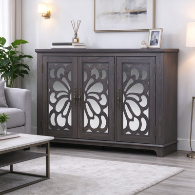 Buffet gris élégant avec 2 portes en miroir en acrylique - Buffet décoratif creux sculpté avec rangement et tablettes réglables pour le salon et la cuisine