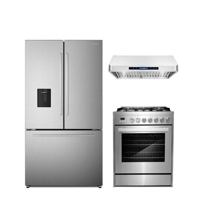 Cosmo 3 Piece Kitchen Appliance Package with French Door Refrigerator , 30'' Gas Freestanding Range , and Wall Mount Range Hood -  COS-3PKG-336