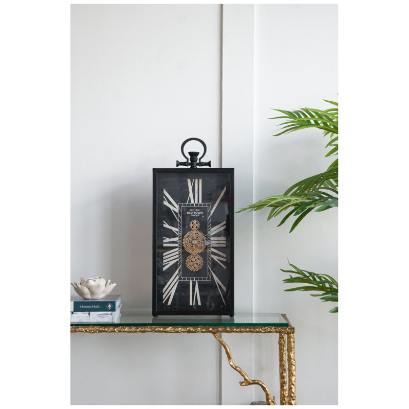 Decorative Table Clock with Roman Numerals and Gold Gear Accents, Black Iron Rectangular Desk Clock for Home Office