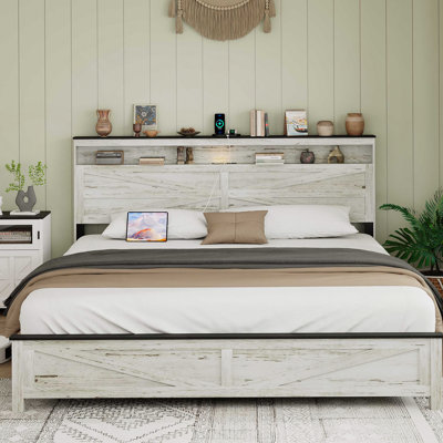Très grand lit avec tête de lit en bois et espace de rangement caché, sans sommier tapissier, blanc