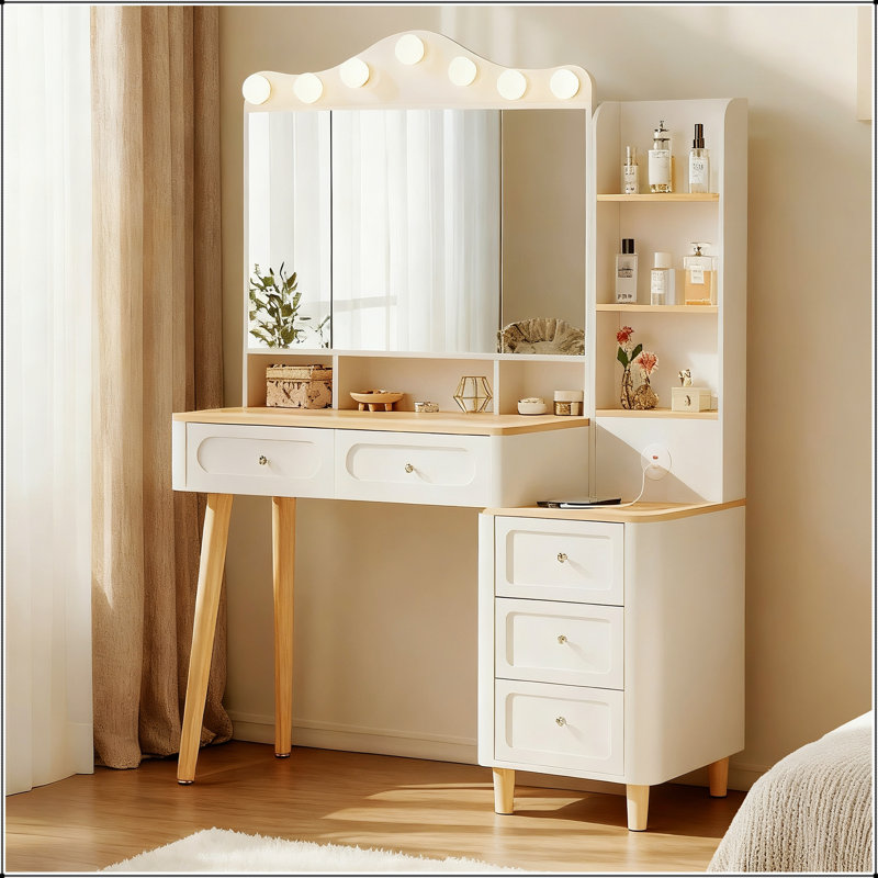 Bureau de coiffeuse intelligent avec miroir, lumières et charge USB, avec 3 modes d'éclairage et une luminosité réglable, avec plusieurs options de rangement (blanc)