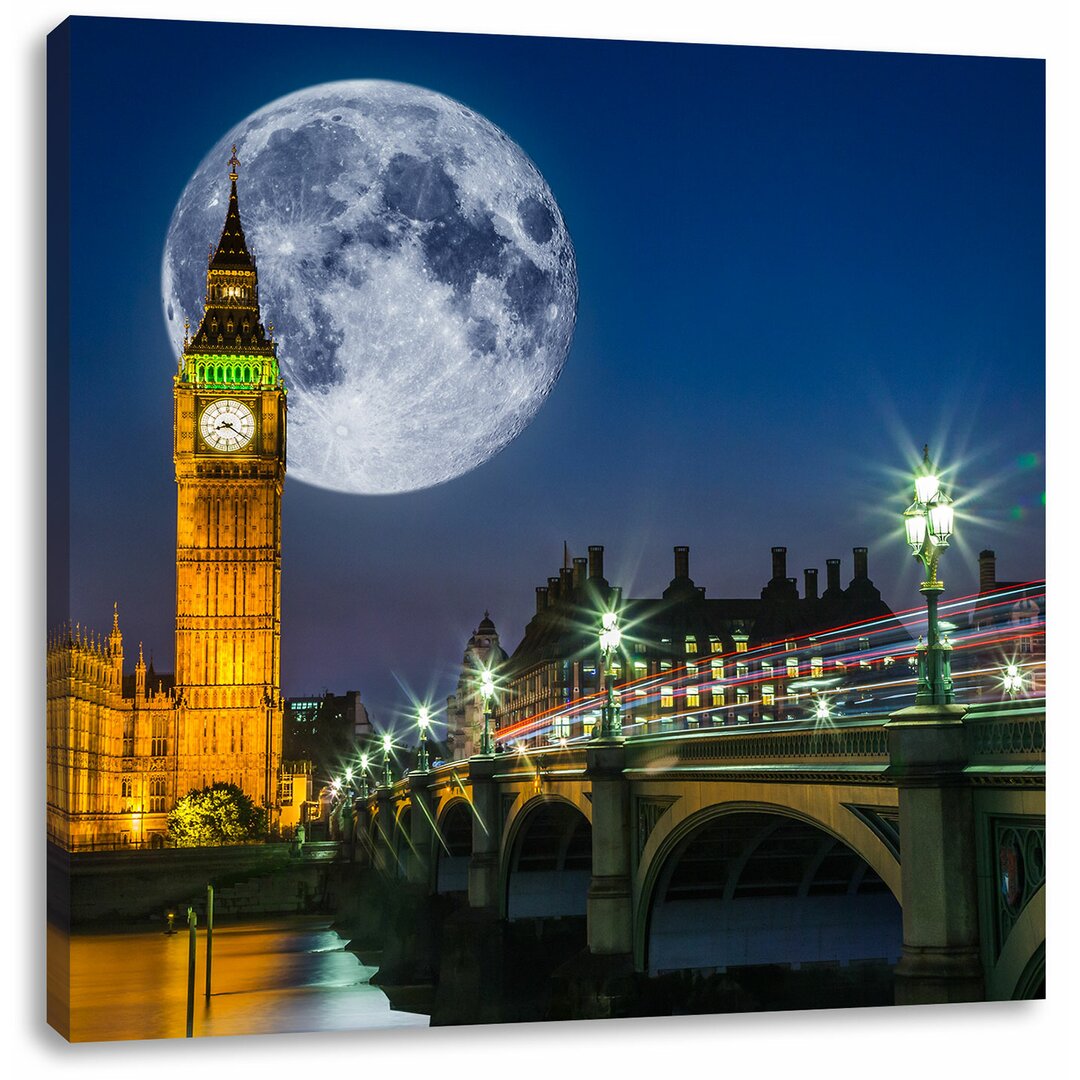 Leinwandbild Big Ben vor großen Mond in London