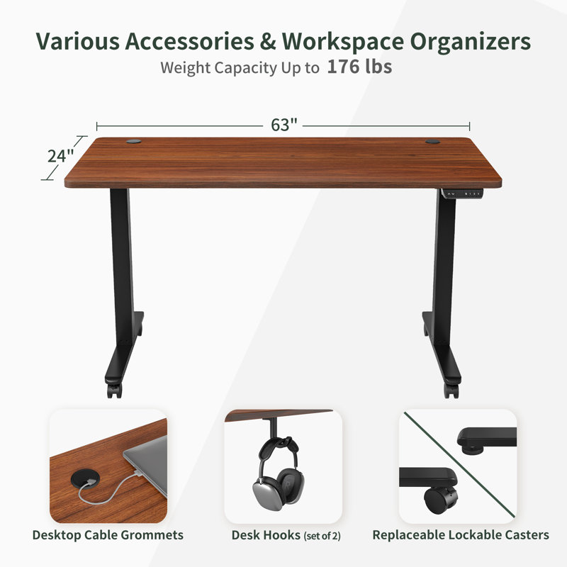 Adjustable Metal Base Standing Desk, 27.00" H x 63.00" W x 24.00" D , Espresso/Black