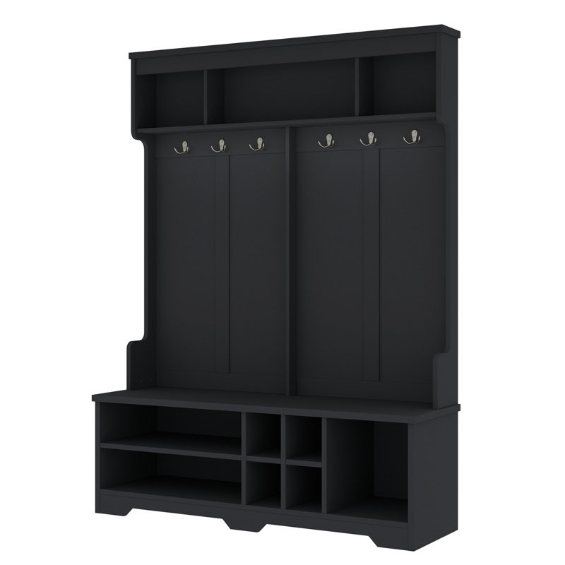 Modern Hallway Hall Tree with Metal Hooks and Storage Space, Multi-Functional Entryway Coat Rack with Shoe Cubbies, Black