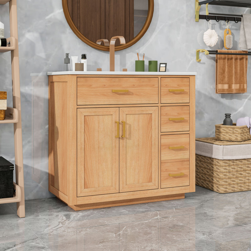 Meuble-lavabo de 36 pouces avec lavabo en céramique, structure en bois d'hévéa massif, 4 tiroirs et portes doubles à fermeture en douceur
