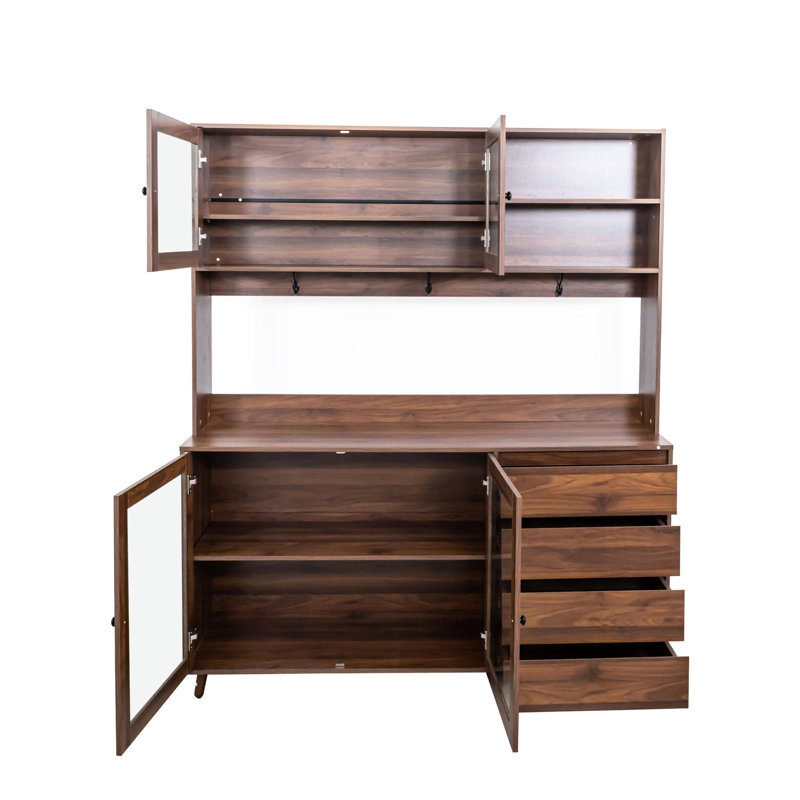 Walnut 63" Kitchen - 4 Doors, Drawers & Microwave Shelf Storage Freestanding Pantry Cabinet For Diverse Uses Made Of Particle Board Door, Drawer Purposes