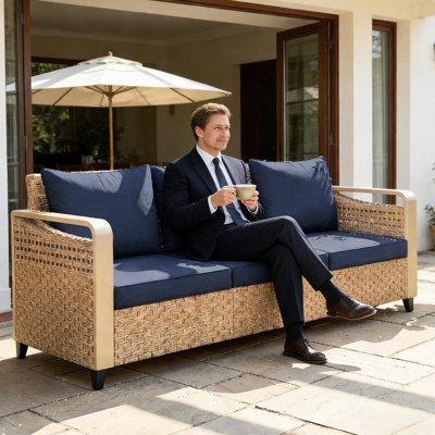 Banquette de jardin avec assise de 180 cm de large, 7 cm d'épaisseur, revêtement brun, coussins bleu foncé en coton, structure en métal, charge maximale de 360 ​​kg, housses zippées pour l'assise et le dossier de 8 cm d'épaisseur, profondeur de 60 cm, poids, coussins épais