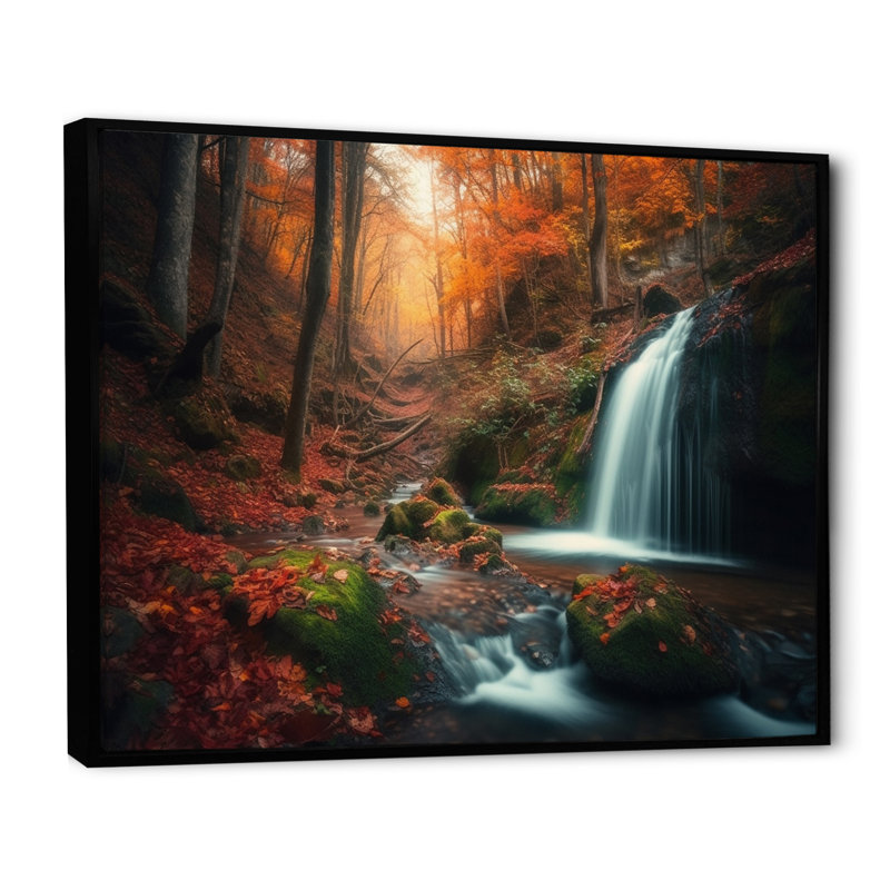 Chute d'eau en automne II - impression, H 12 po x l 20 po x P 1 po, Cadre flottant noir