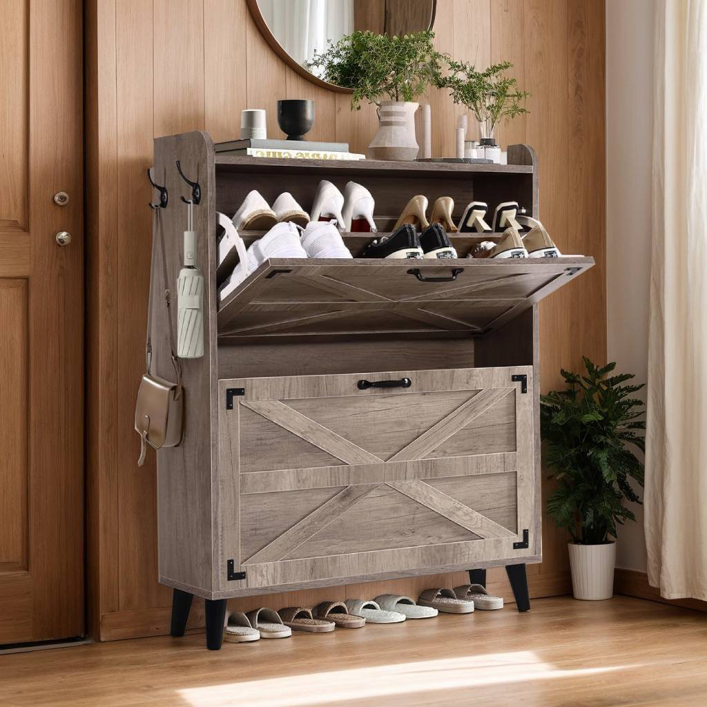 Gracie Oaks 30 Pair Shoe Storage Cabinet With 2 Flip Drawers Wayfair