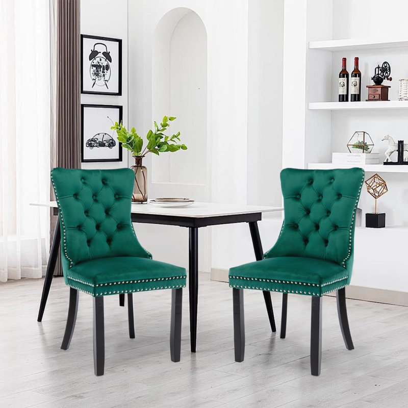 Chaise de salle à manger en velours avec anneau à dossier et pieds en bois massif, 2, Vert, Noir