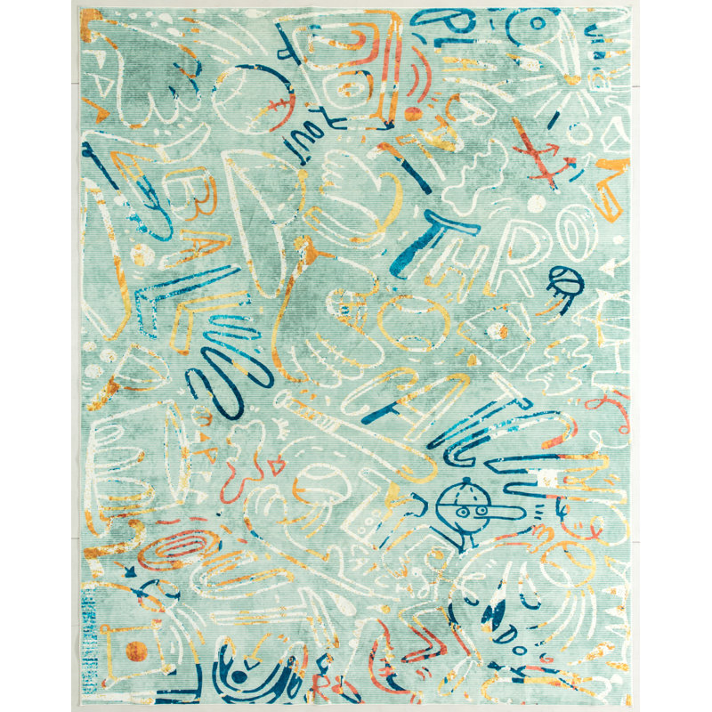 Sportsglyphs II by Katie Merz Ballpark Mint Baseball Machine Washable Area Rug, Rectangle 5' x 7'