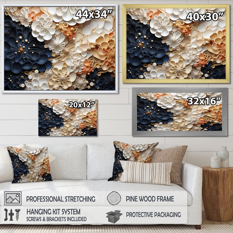 Collage de fleurs blanches et bleues corail II - impression, Cadre simple noir, H 12 po x l 20 po x P 1 po