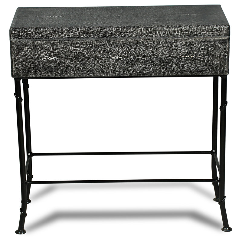 Contemporary Gray Shagreen Leather & Iron Storage End Table