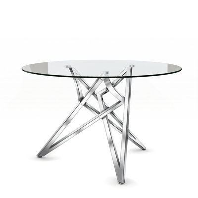 47 Inch Round Dining Table With Clear Glass Top And Polished Cross Base