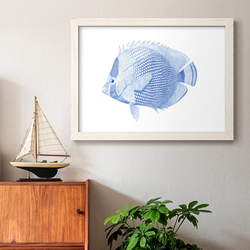 «Blue & White Tropical Fish VI», reproduction d'art sur toile, Cadre blanc, H 22 po x l 32 po x P 1,5 po