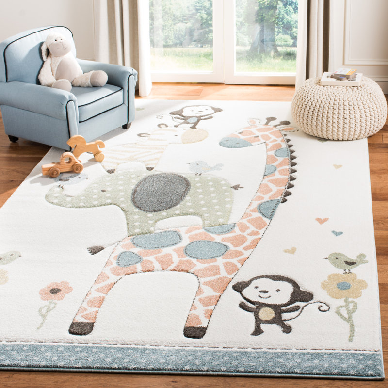 Carousel Kids Baby Animal Area Rug In Ivory, Rectangle 201 x 274cm