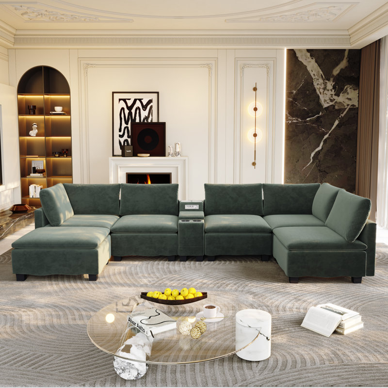 Canapé modulaire en nuage de 121 po de large avec console intelligente, canapé-lit convertible en forme de U avec haut-parleur Bluetooth, ports USB / Type-C, rangement caché et 6 coussins décoratifs