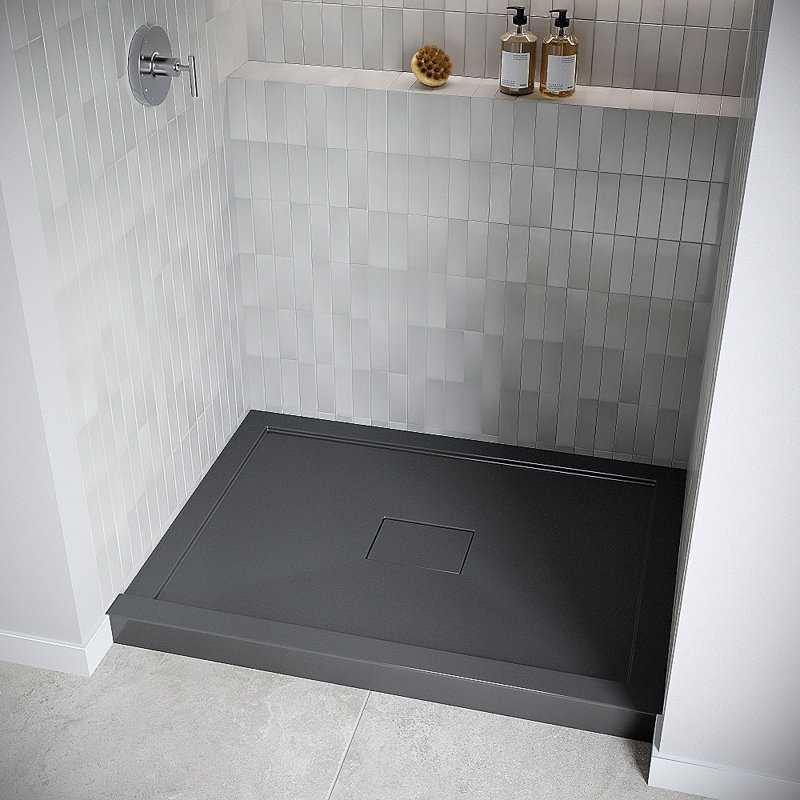 48 in. x 36 in. Alcove Acrylic Shower Base in Glossy Black With Center Drain, Drain Included, Glossy Black