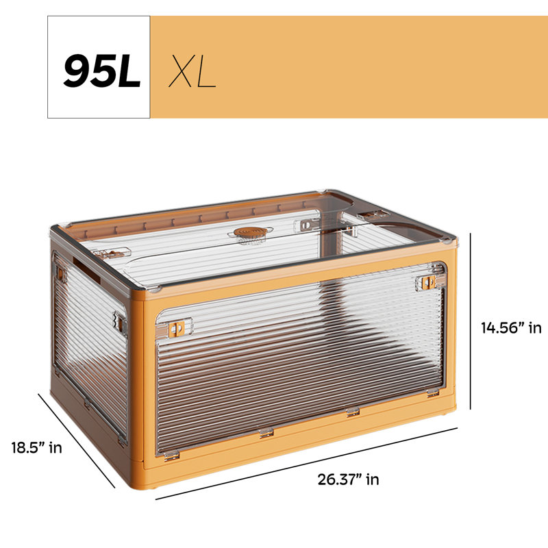 Extra Large Collapsible Storage Box Bin, 5 Side Clear Open Access Stackable w/ Lid, Yellow