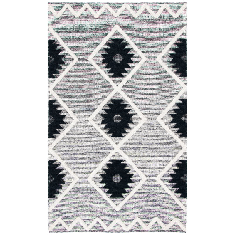 Vermont Hand Loomed Wool/Cotton Southwestern Rug in Gray/Black/Ivory, Rectangle 5' x 8'