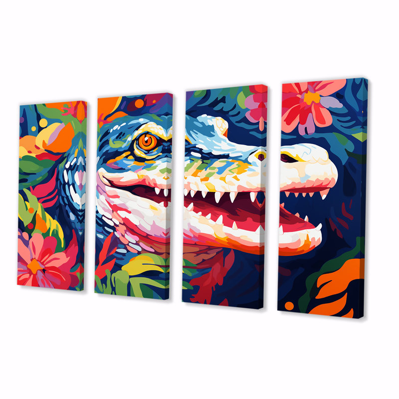 Popart alligator Blooms I - ensemble de 4 décorations murales alligator / crocodile, H 28 po x l 48 po