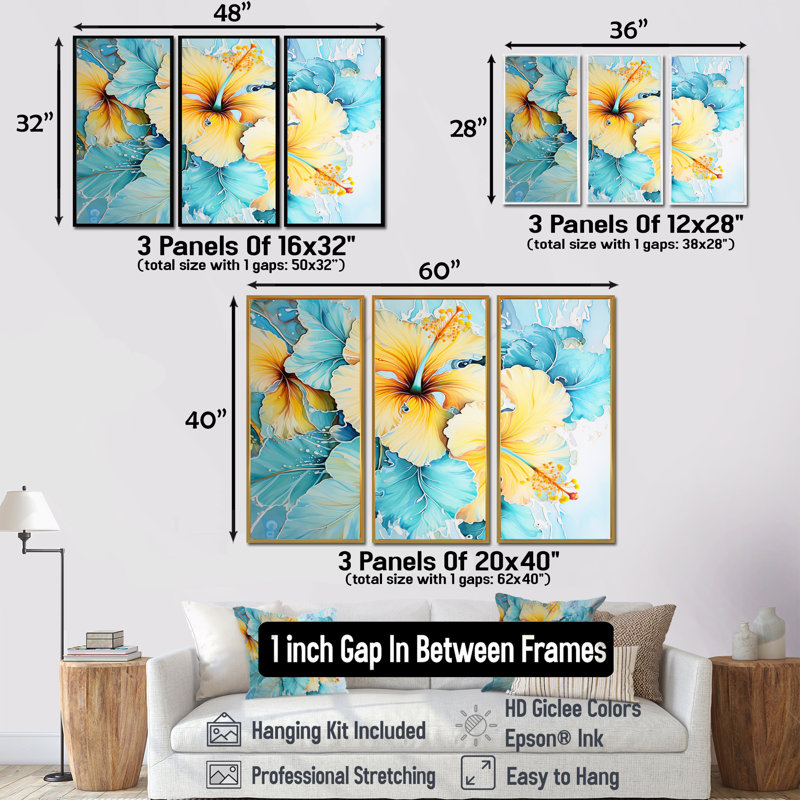 Millvale - Hibiscus, ensemble de reproductions d'art mural, Cadre flottant brun, H 40 po x l 60 po x P 1 po