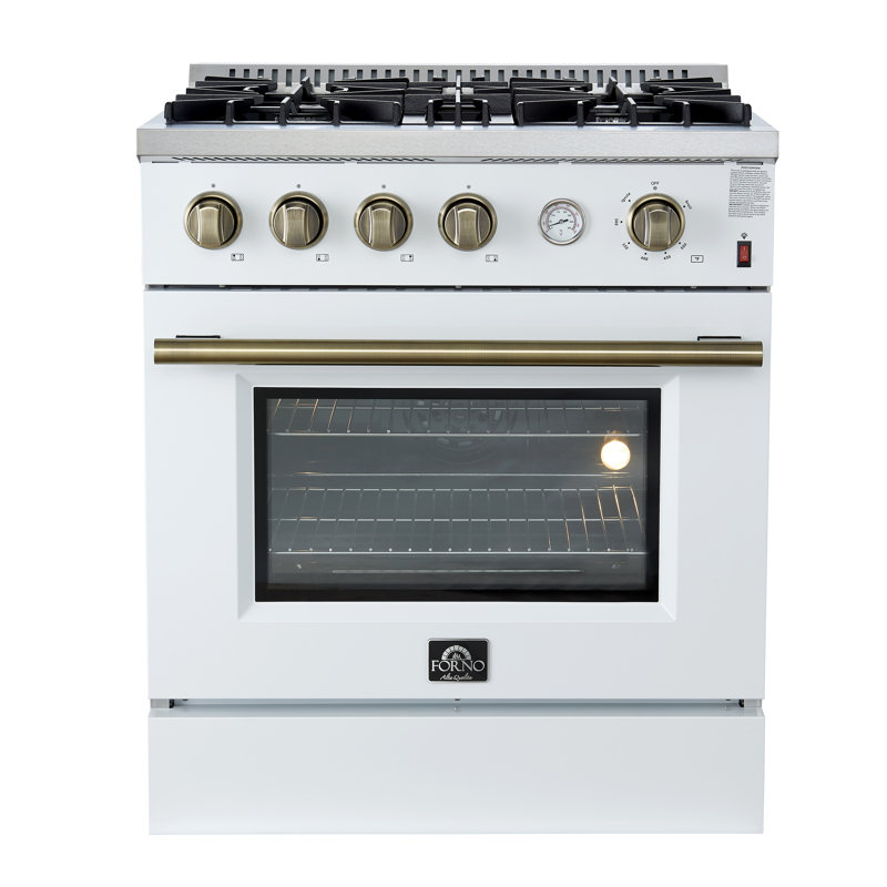 Cuisinière à gaz 30 pouces Marco en noir ou blanc et laiton antique, 4 brûleurs 37 000 BTU, 4,32 pieds cubes Four à convection avec jauge de température intégrée