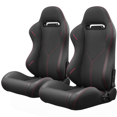 2PC Universal Bucket Racing Seats Stitch PVC Leather Reclinable Carbon Look Leather Black With Adjustor Slider(Not Including Seat Bracket ) 1 Box Of 2 Pieces